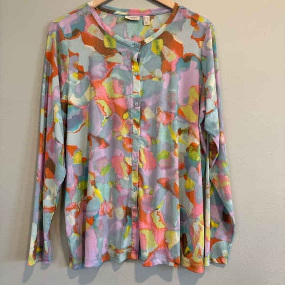 LOGO Colorful Artsy Button-Up Mesh Shirt Long Sleeve Pastel L - Picture 1 of 5
